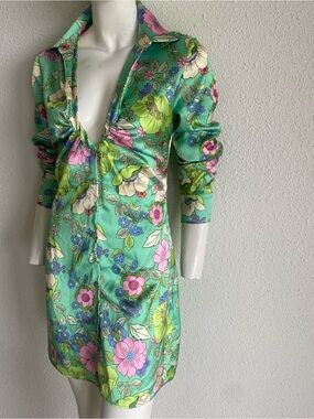 Zara Floral Satin Mini Dress Green Pink Retro Cottagecore Size S